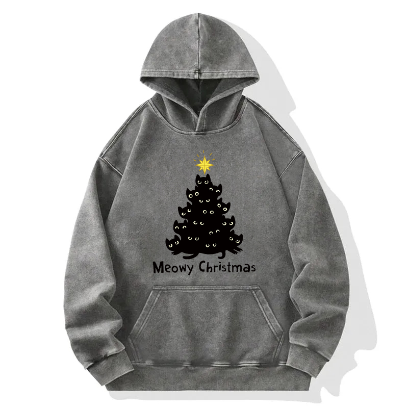 Black Cat Christmas Tree Washed Hoodie