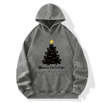 Black Cat Christmas Tree Washed Hoodie