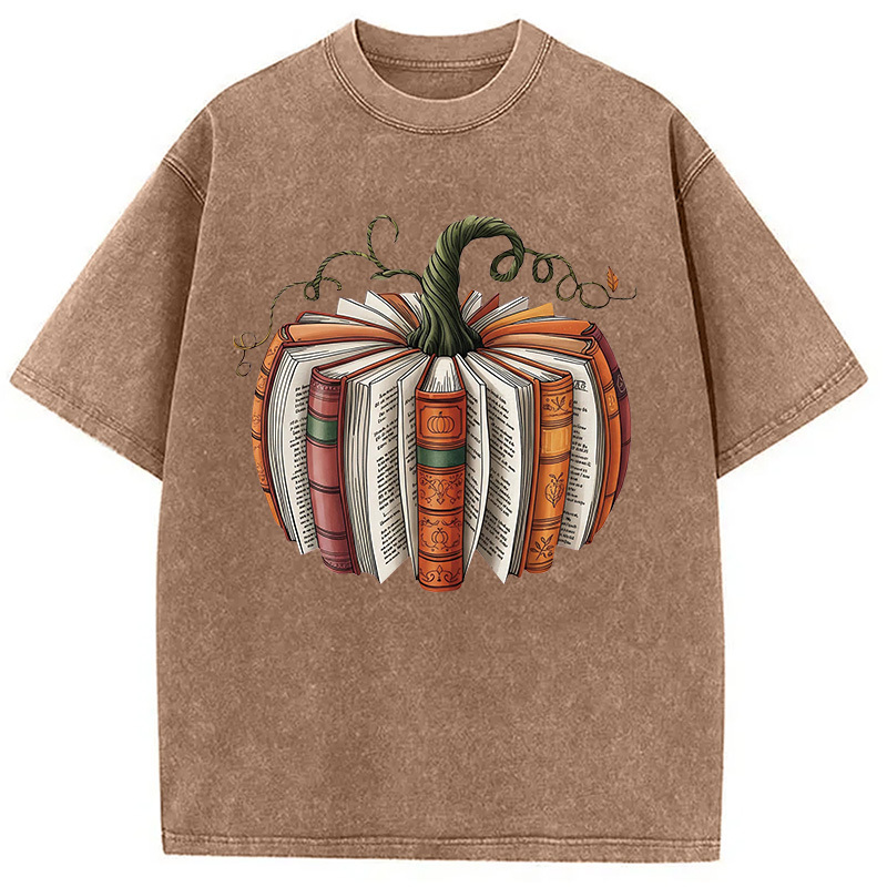 Fall Book Pumpkin Halloween Washed T-Shirt