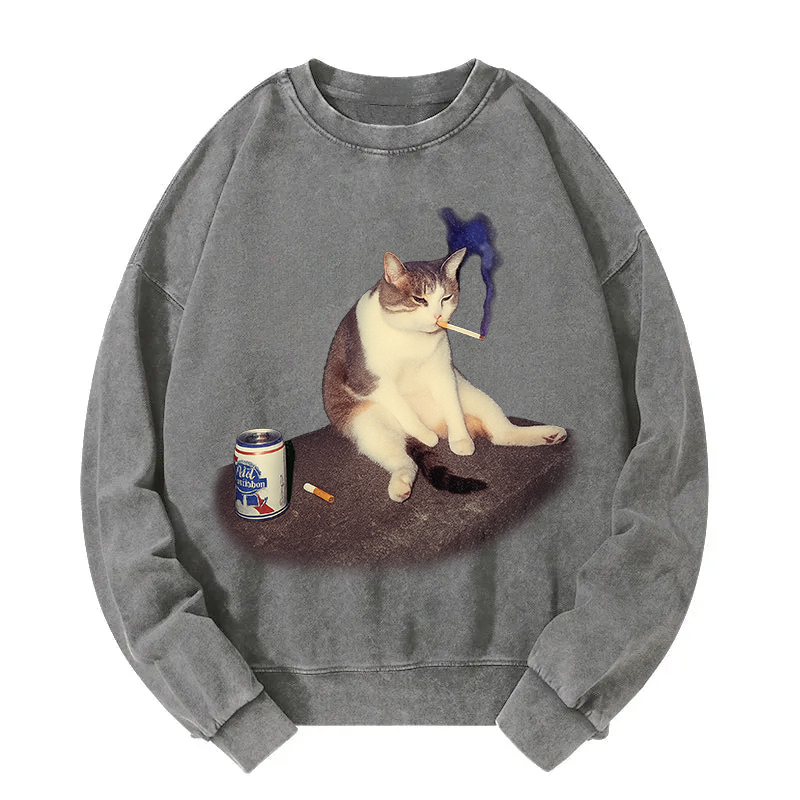 Custom Cat Smoking Meme Washed Sweatshirt