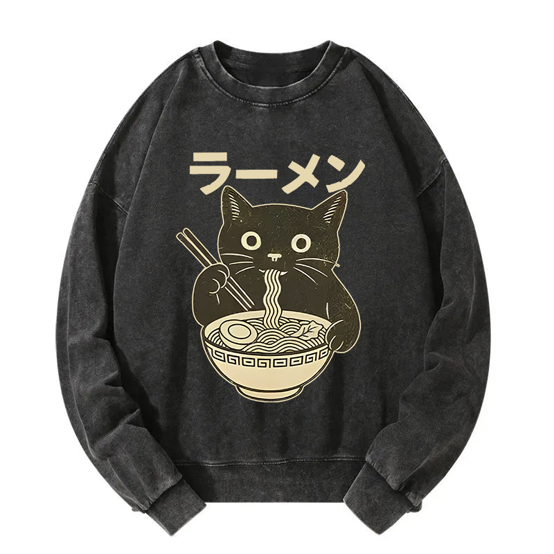 Simple Black Cat Eating Ramen Washed Sweatshirt