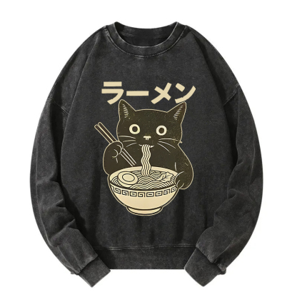 Simple Black Cat Eating Ramen Washed Sweatshirt