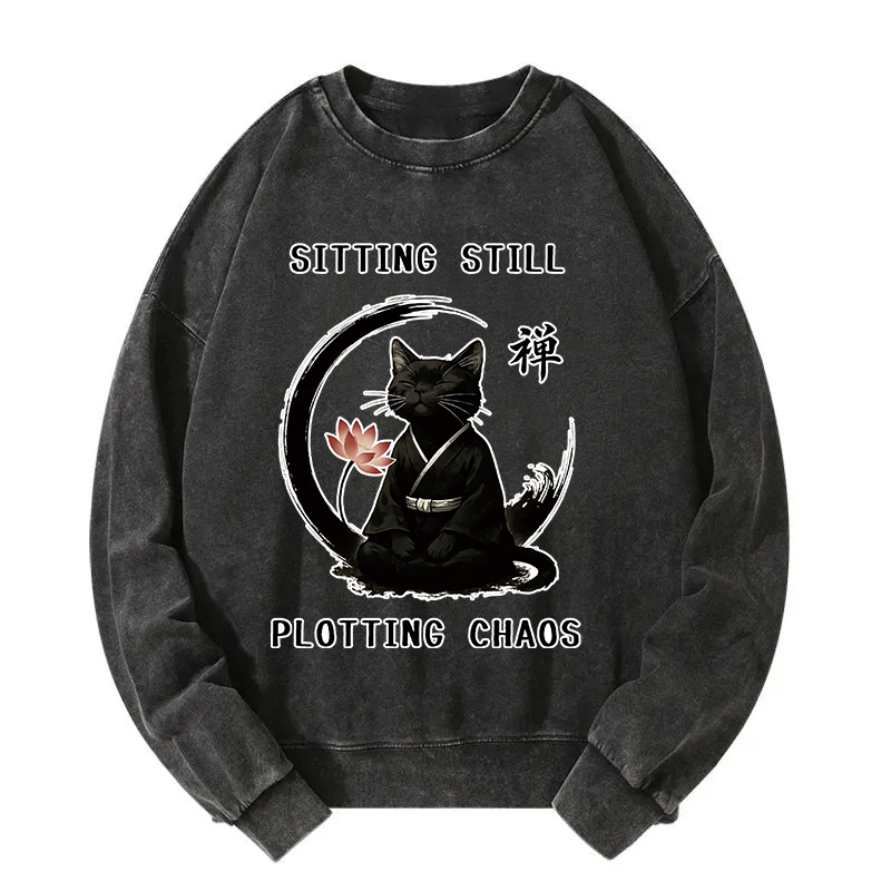Sitting Calming Zen Cat Washed Sweatshirt