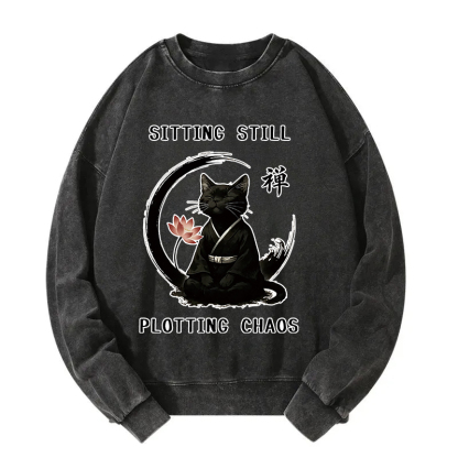 Sitting Calming Zen Cat Washed Sweatshirt