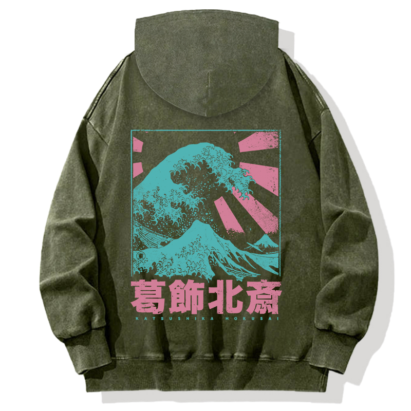 Japanese Great Wave Off Kanagawa Back Washed Hoodie