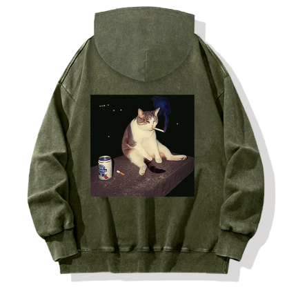 Cigarette Kitten Funny Smoking Cat Meme Back Washed Hoodie