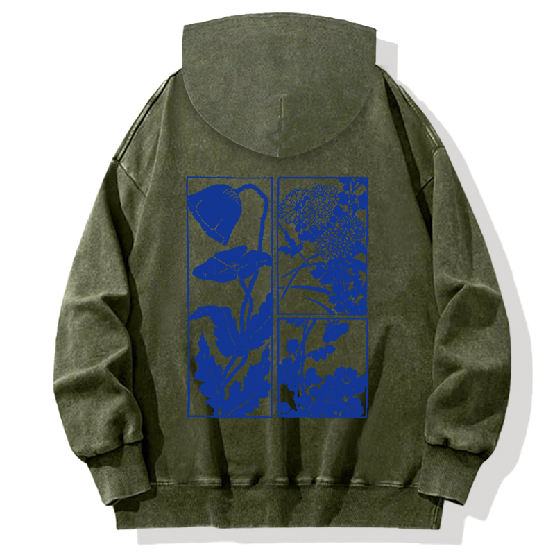 Woodcut Flowers Back Washed Hoodie