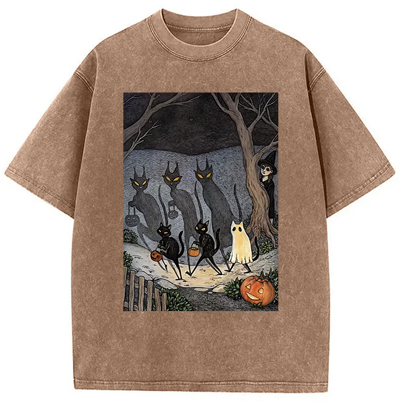 Black Cat Ghost Halloween Washed T-Shirt