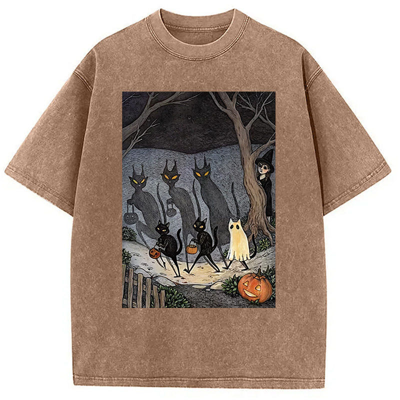 Black Cat Ghost Halloween Washed T-Shirt