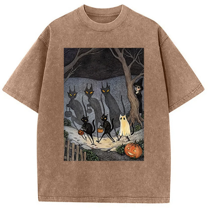 Black Cat Ghost Halloween Washed T-Shirt