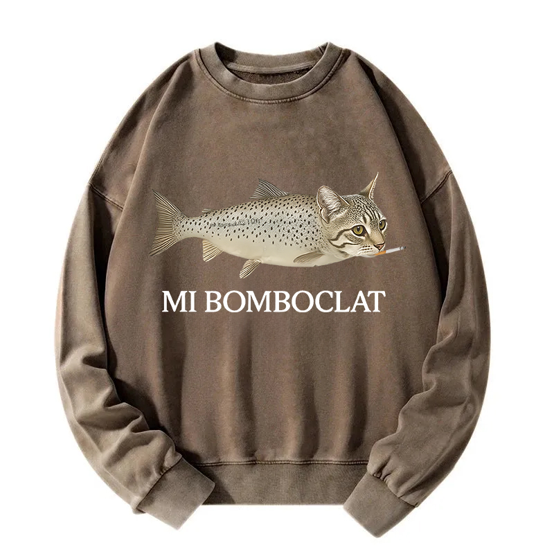 Bomboclat Fish Cat Meme Washed Sweatshirt