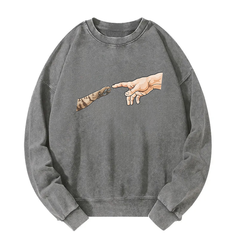Cat God Creation Of Adam Meme Washed Sweatshirt