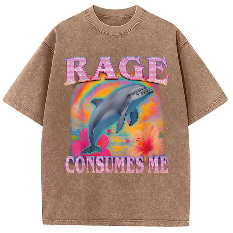Rage Consumes Me Dolphin Meme Washed T-Shirt