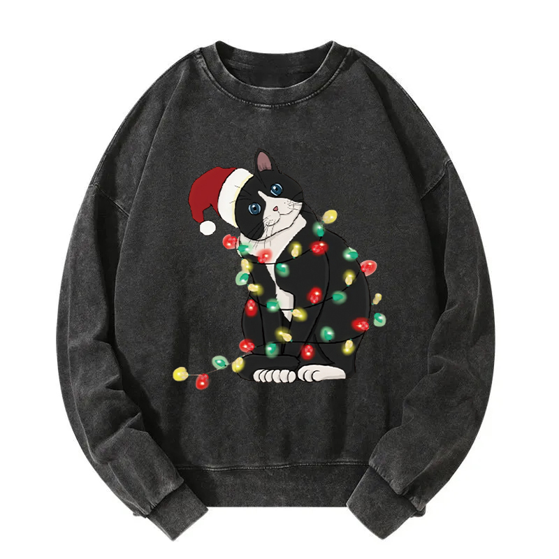 Funny Christmas Lights Cat Washed Sweatshirt