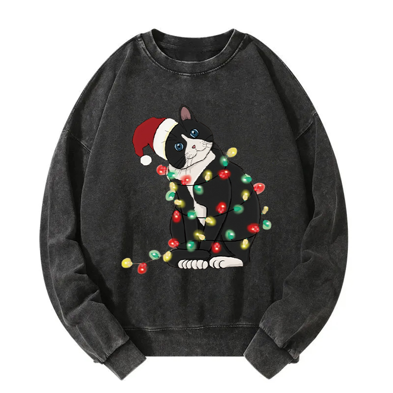 Funny Christmas Lights Cat Washed Sweatshirt