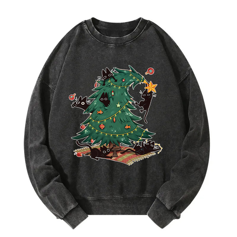 Christmas Tree And Cat Washed Sweatshirt
