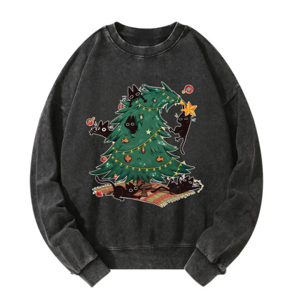 Christmas Tree And Cat Washed Sweatshirt