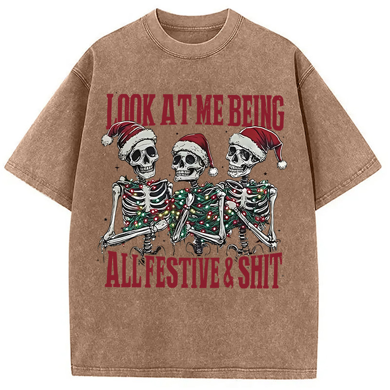 Funny Christmas Skull Washed T-Shirt