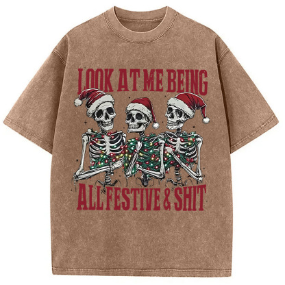 Funny Christmas Skull Washed T-Shirt