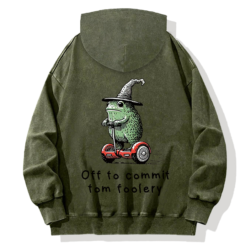 Frog Riding A Balance Scooter Back Washed Hoodie