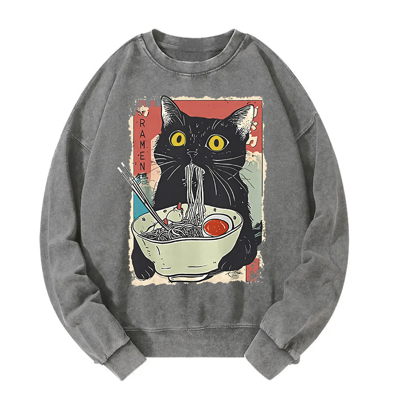 Cute Cat Eating Ramen Washed Sweatshirt