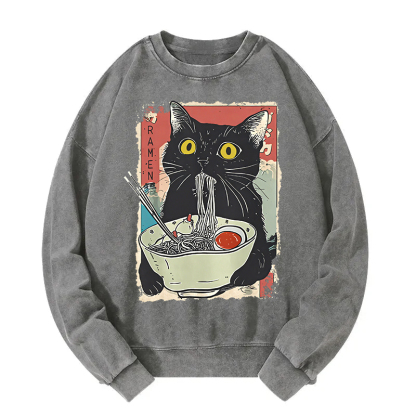 Cute Cat Eating Ramen Washed Sweatshirt