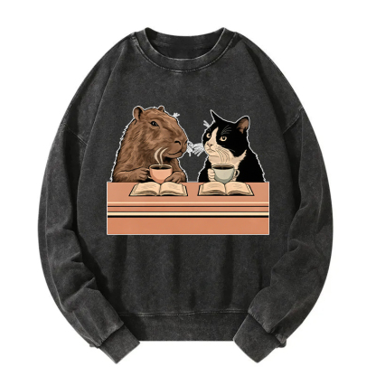 Capybara And Cat Talk Washed Sweatshirt