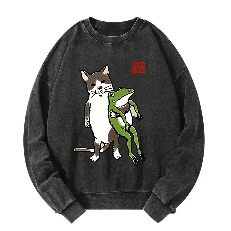 Cat Holding A Frog Washed Sweatshirt