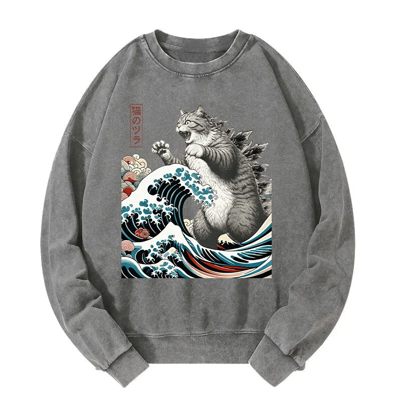 Godzilla Ukiyoe Great Wave Vintage Japanese Design Washed Sweatshirt