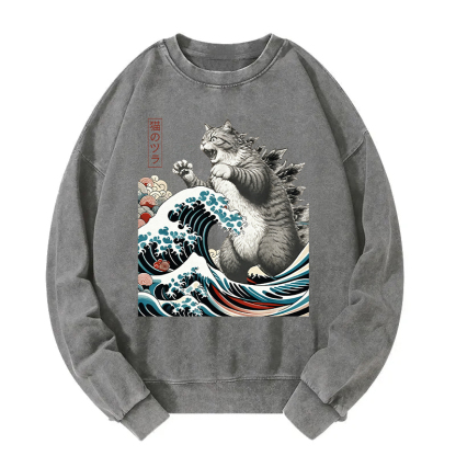 Godzilla Ukiyoe Great Wave Vintage Japanese Design Washed Sweatshirt
