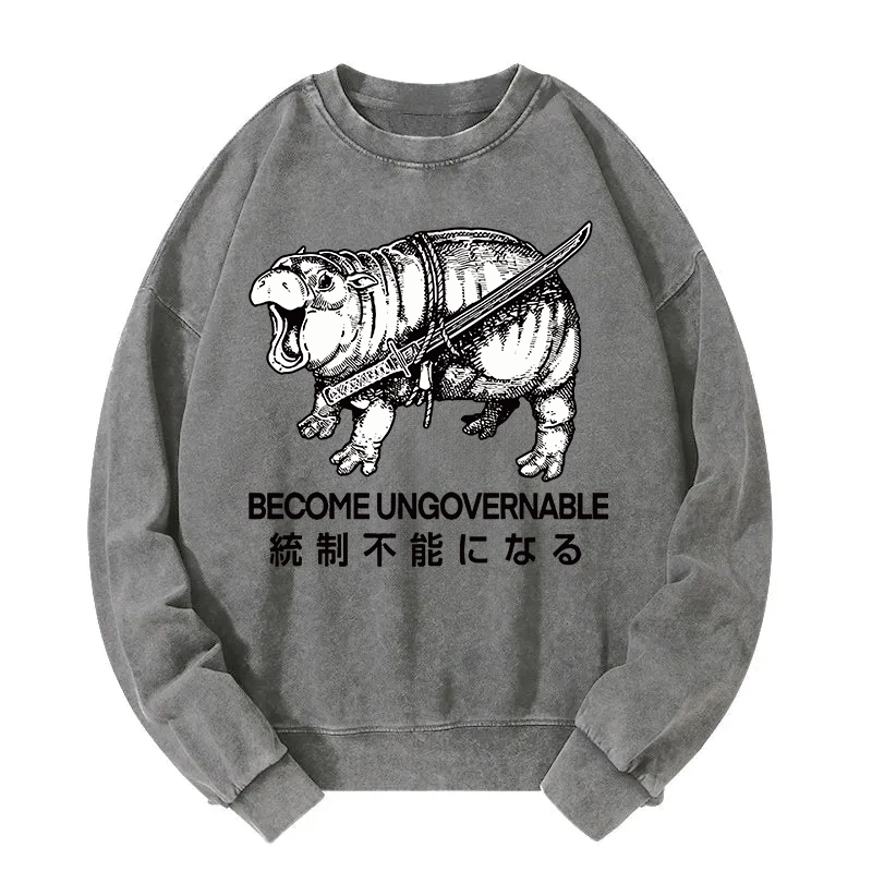 Moo Deng Carrying A Samurai Sword Washed Sweatshirt