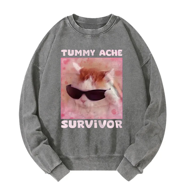 Tummy Ache Survivor Funny Cat Meme Washed Sweatshirt