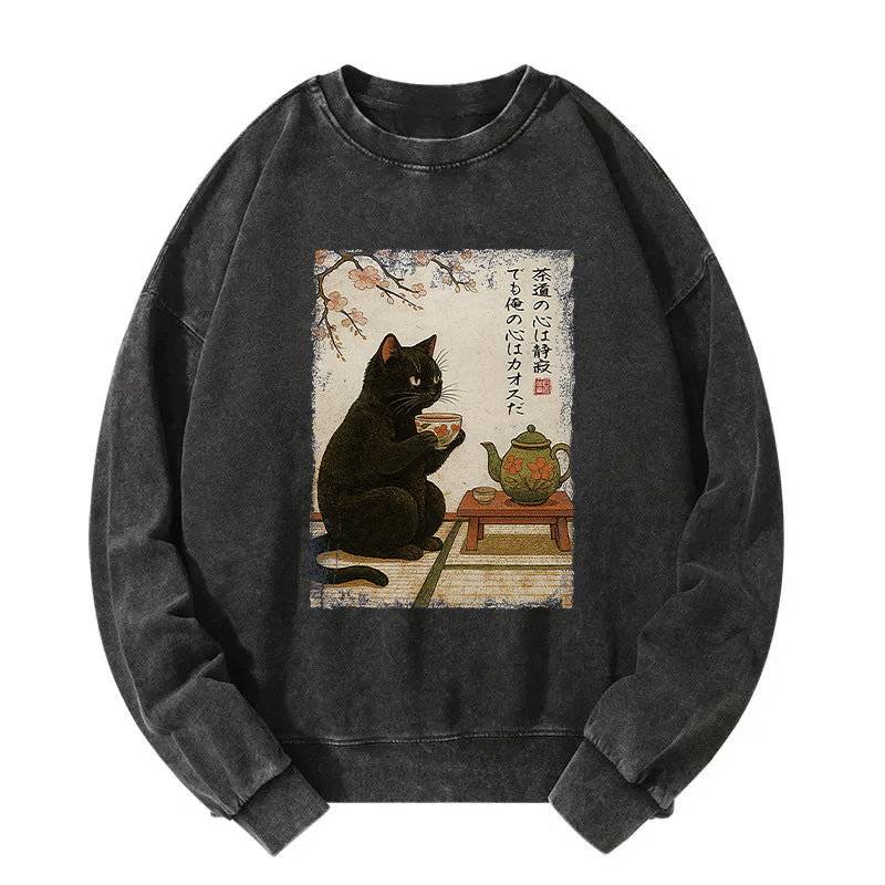 Tea Time With A Black Cat Washed Sweatshirt