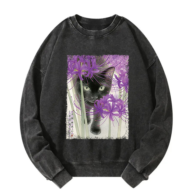 A Cat Among The Purple Spider Lily Washed Sweatshirt