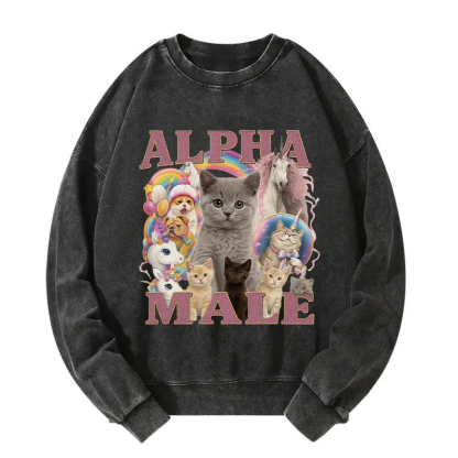 Alpha Male Funny Cat Meme Washed Sweatshirt