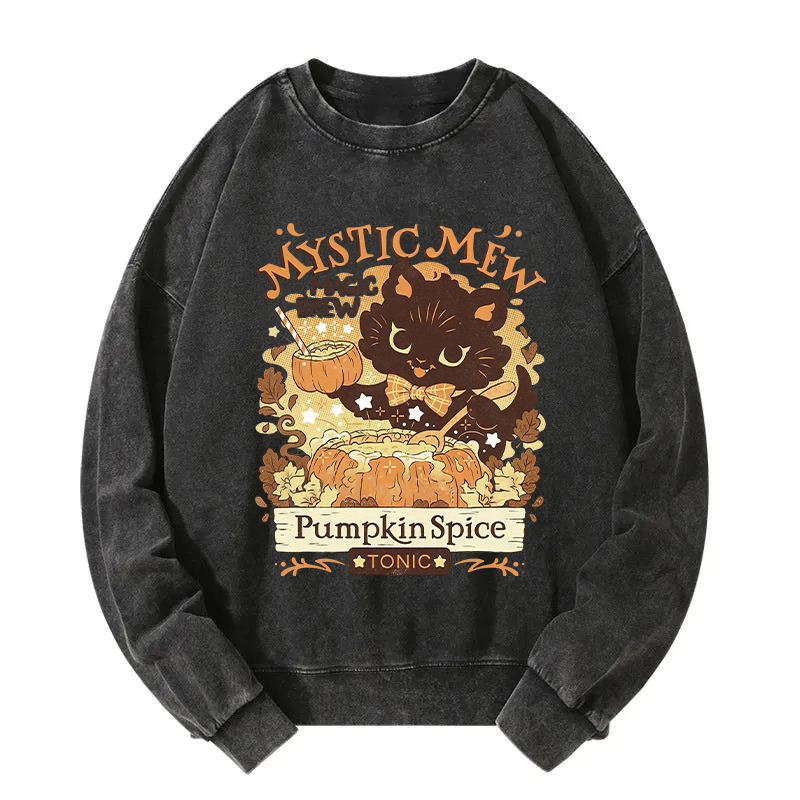 Mystic Mew Pumpkin Spice Black Cat Washed Sweatshirt