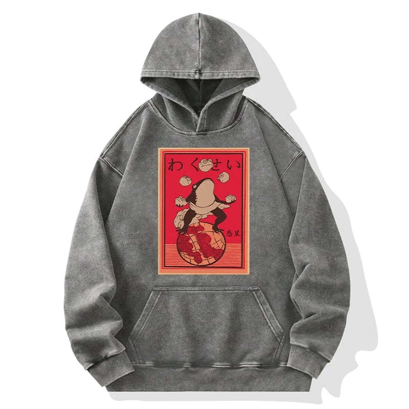 Wakusei Frog Funny Washed Hoodie
