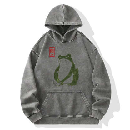 Woodblock Print Frog Washed Hoodie