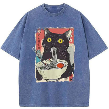 Cute Cat Eating Ramen Washed T-Shirt