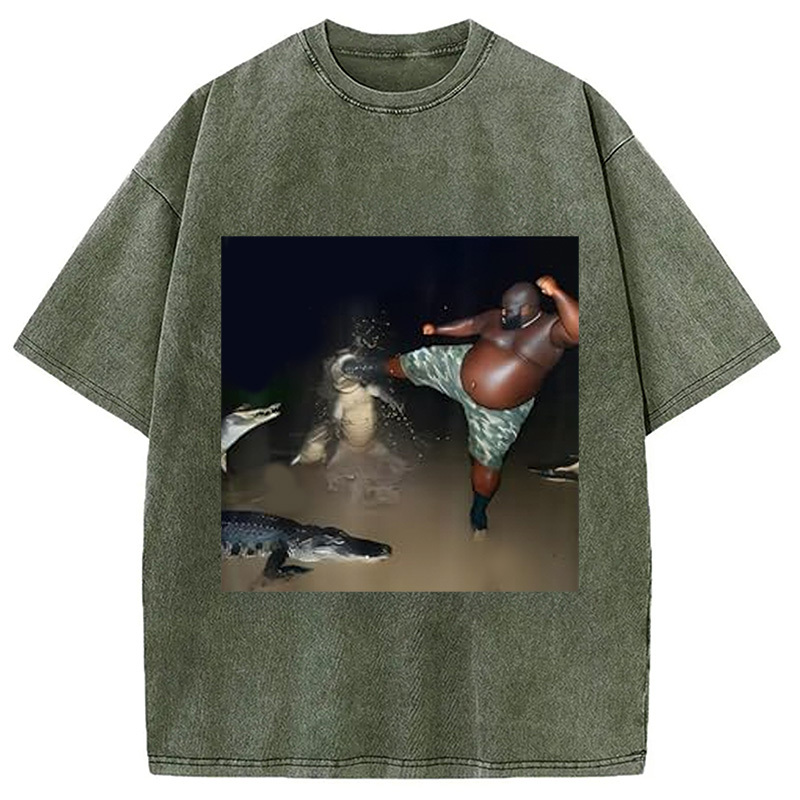 Man Kick Alligator In Swamp Funny Washed T-Shirt