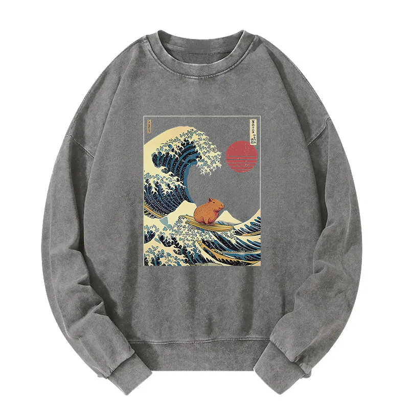 Capybara Surfing Washed Sweatshirt