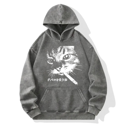 Retro Cat Smoking Washed Hoodie