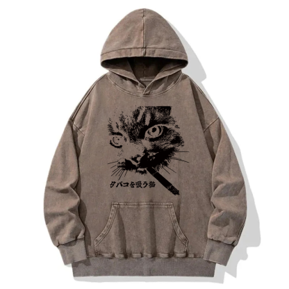 Retro Cat Smoking Washed Hoodie