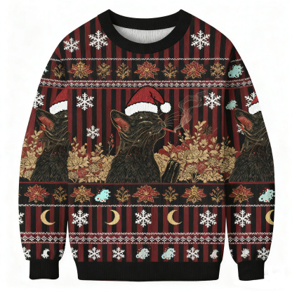 Cool Black Cat Smoking In Artistic Floral Scene Ugly Sweatshirt