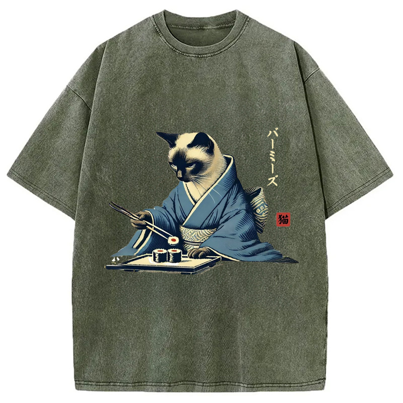 Cat In Kimono Eating Sushi Washed T-Shirt