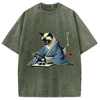 Cat In Kimono Eating Sushi Washed T-Shirt