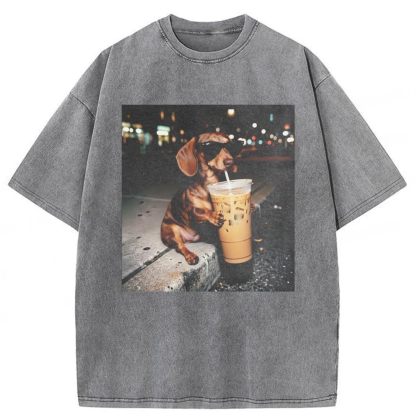 Tokyoviva Dachshund Coffee Graphic Washed T-shirt