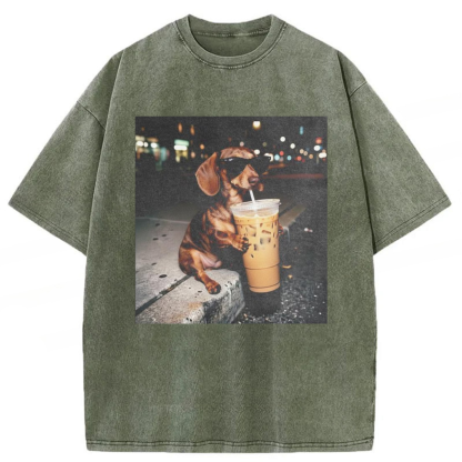Tokyoviva Dachshund Coffee Graphic Washed T-shirt
