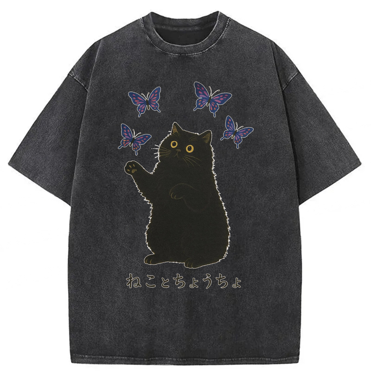 Tokyoviva Funny Butterfly Cat Washed T-shirt