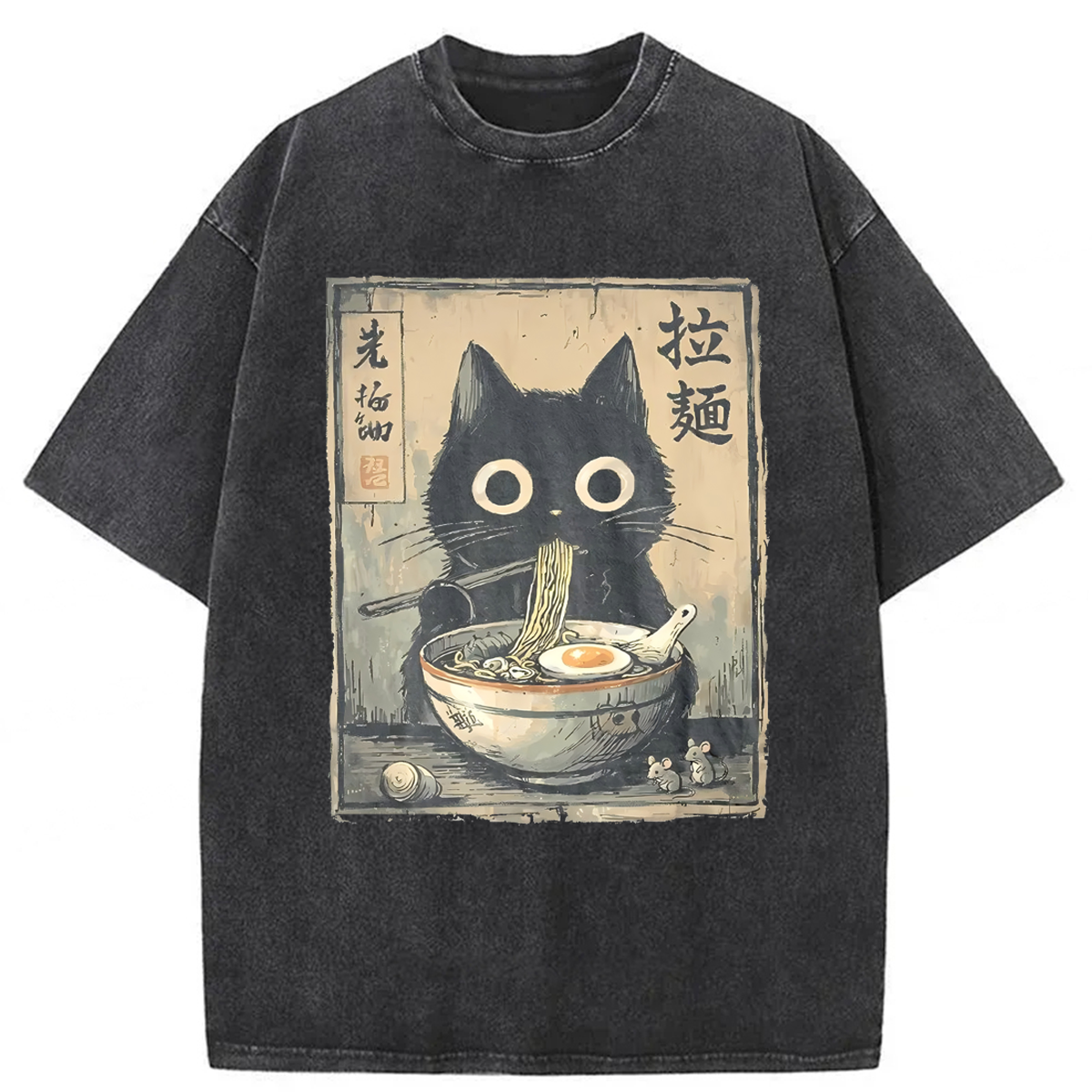 Tokyoviva Japanese Ramen Black Cat Washed T-shirt